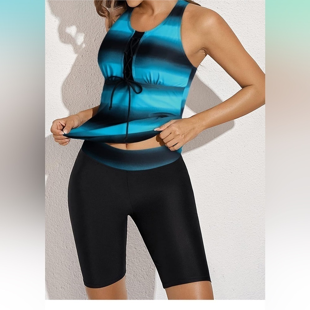Womens Racerback Color Block Print Tankini Swimsuits with Swim Capris size S A86
